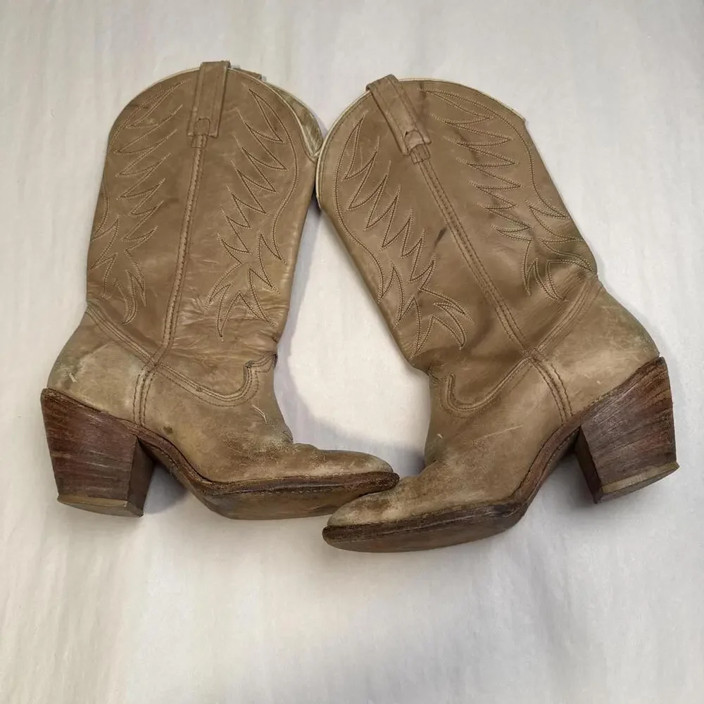 Vintage women’s 70s/80s ACME Tan distressed Leather Western‎ Boots size 6.5